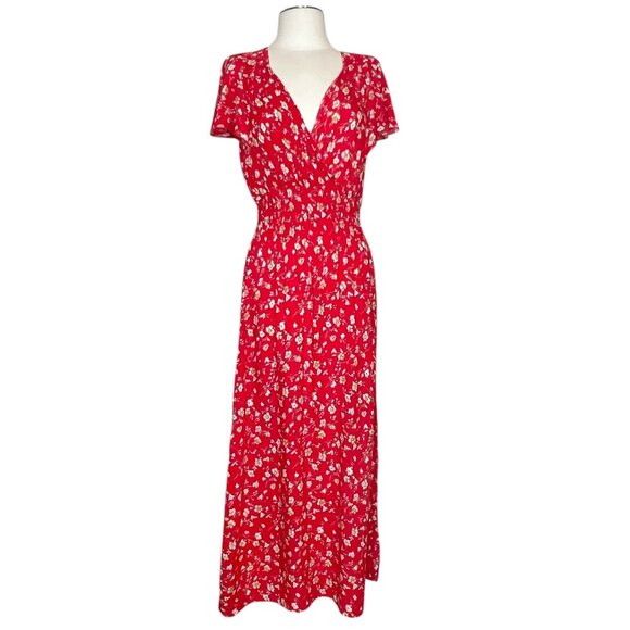 Kindred red floral wrap top flutter sleeve maxi dress size S - Picture 1 of 13